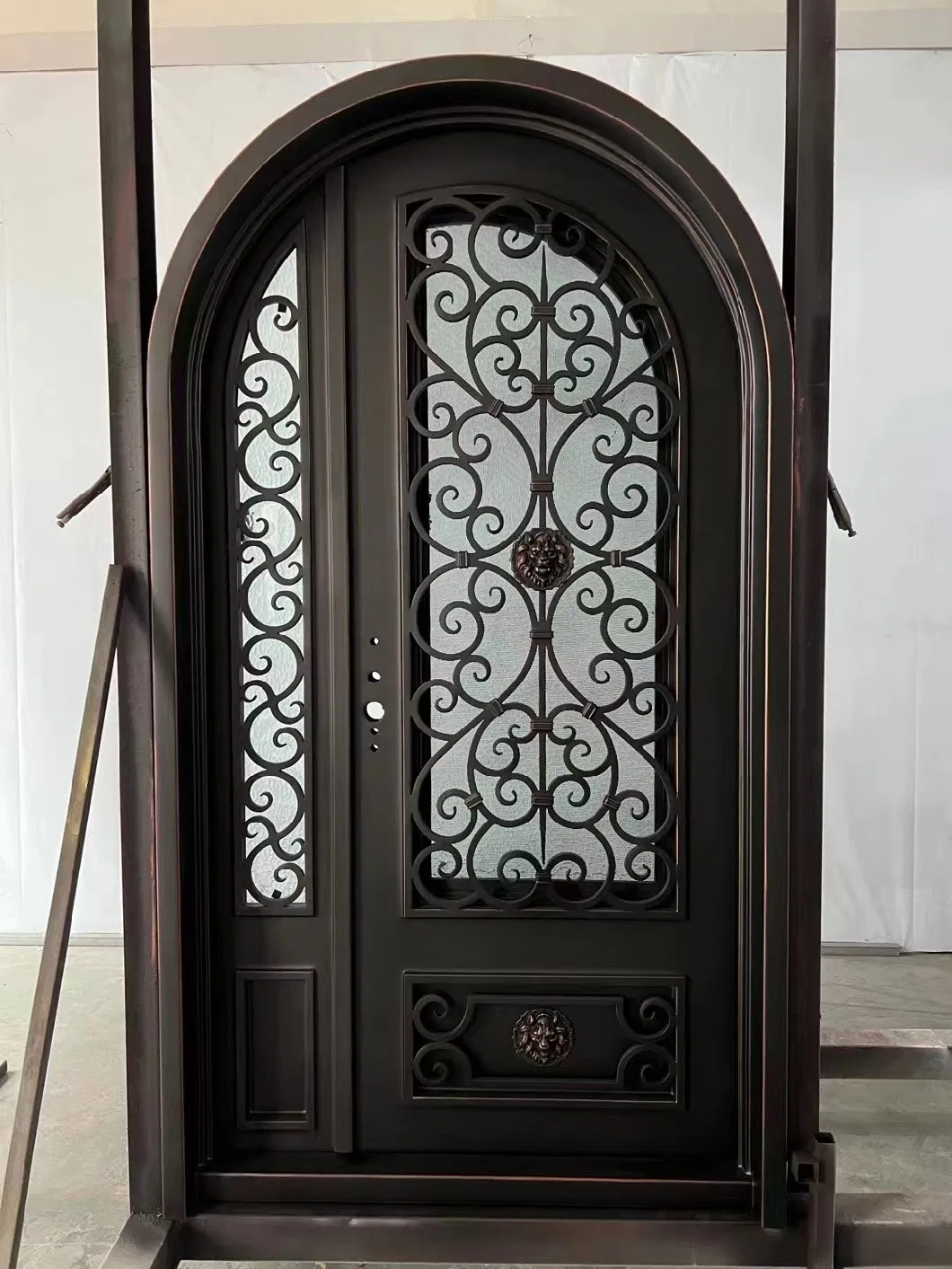 European Style Arched Main Entrance Front Entry Wrought Iron Door French Exterior Double Glass Wrought Iron Glass Doors