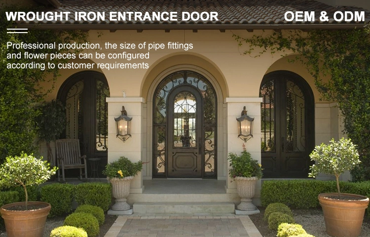 Hand Made Residential House Interior Partition Arched Steel Door Wrought Iron Frosted Double French Glass Iron Door Entry