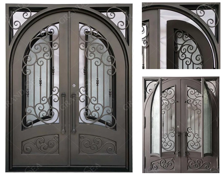 High Quality Luxury Design Exterior Front Double French Entrance Wrought Iron Door with Sidelights