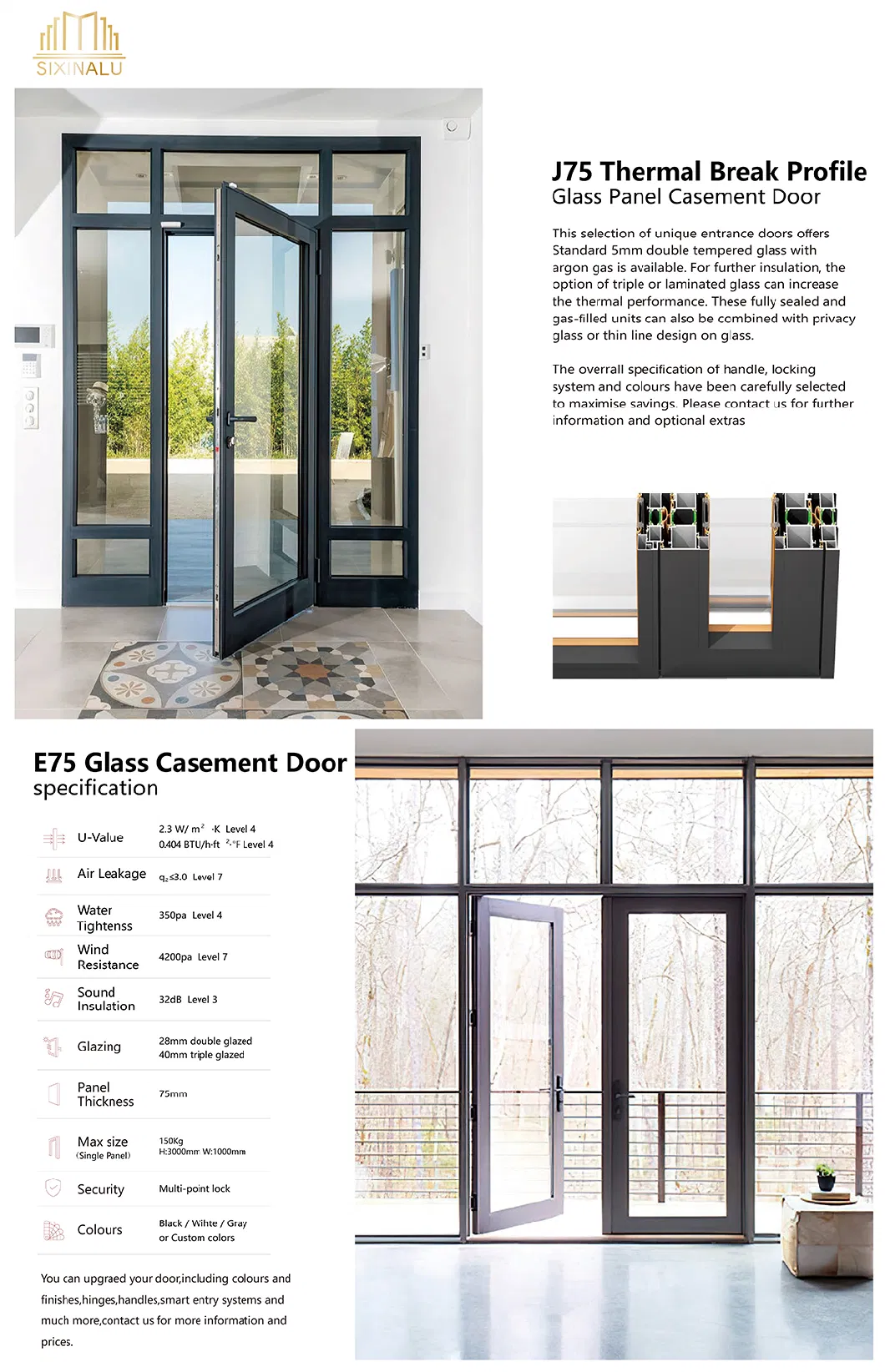 Sixinalu Exterior Interior Internal Indoor Metal Crittall European Style Aluminum Profile Steel Door Glass Wall for Room Divider French Casement Door