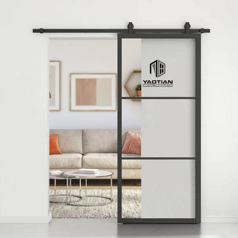 Black Steel Frame Interior Custom Size Sliding Entry Glass Door