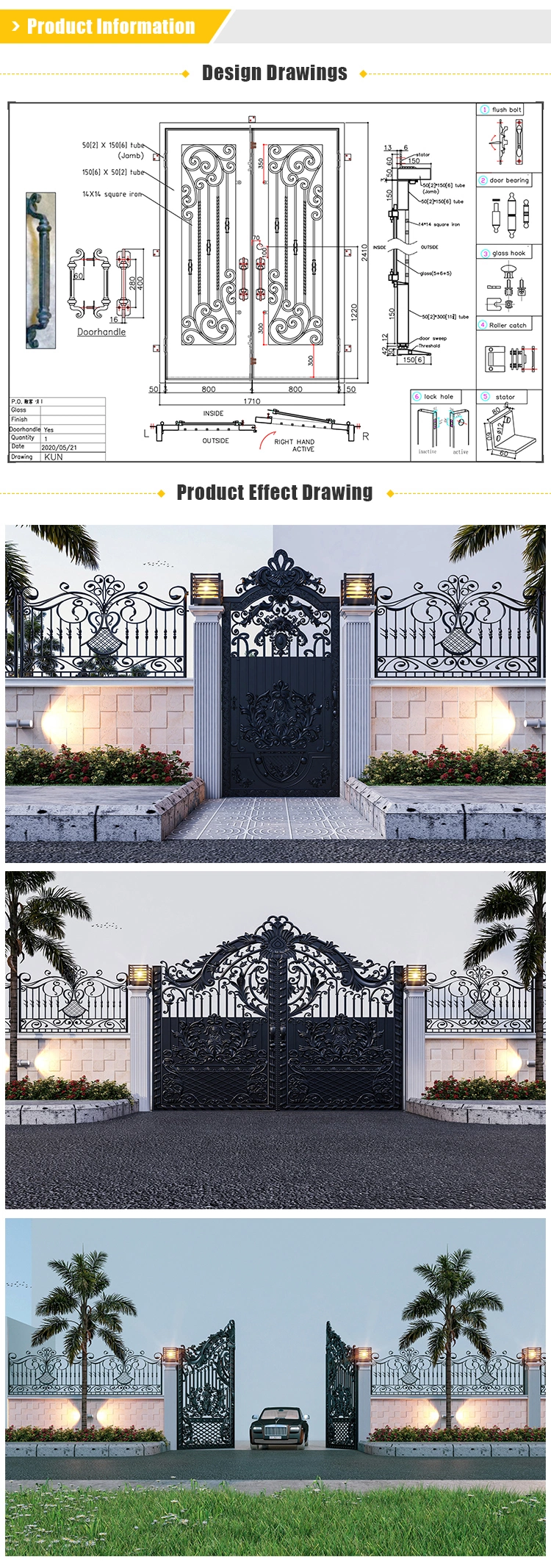 Economic Factory Price Exterior Front Entrance Security Wrought Iron Double Glass Doors/Wholesale Metal Steel Entry Door