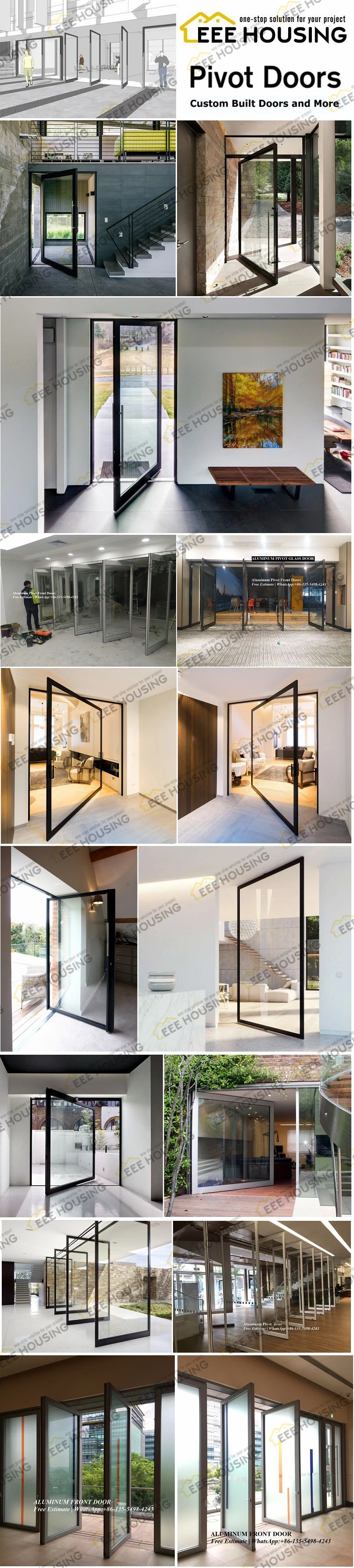 China Factory Direct Supply Glass Panel Pivot Door, Custom Tempered Glass Exterior Front Entry Door Supplier