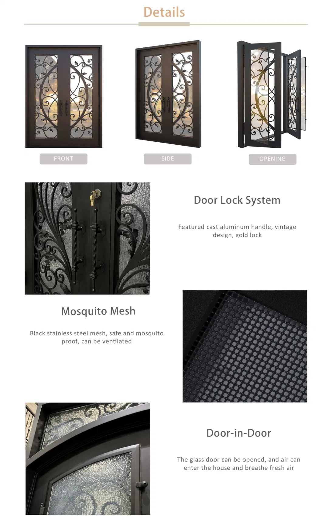 Modern Iron Xterior Front Wrought Iron Frame Entrance Door with Glass Window