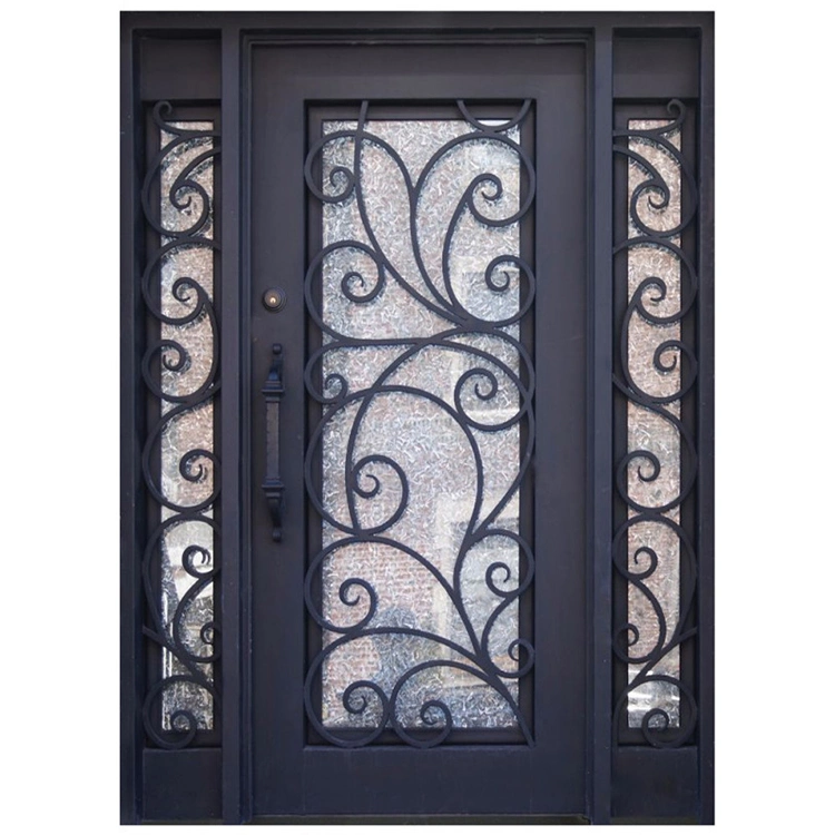 Modern Exterior Single Swing Iron Pipe Security Entry Door Custom French Wrought Iron Front Doors with Sidelights