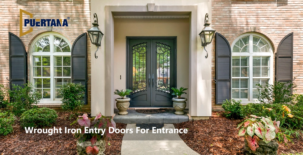 Grapevine Pre Hung Double Front Entry Wrought Iron Door with Rain Glass