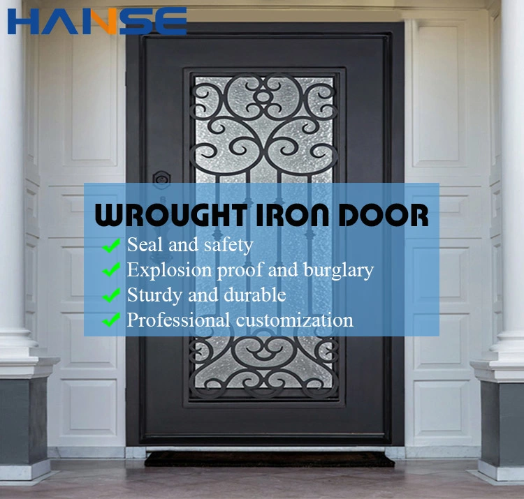 Modern Exterior Single Swing Iron Pipe Security Entry Door Custom French Wrought Iron Front Doors with Sidelights