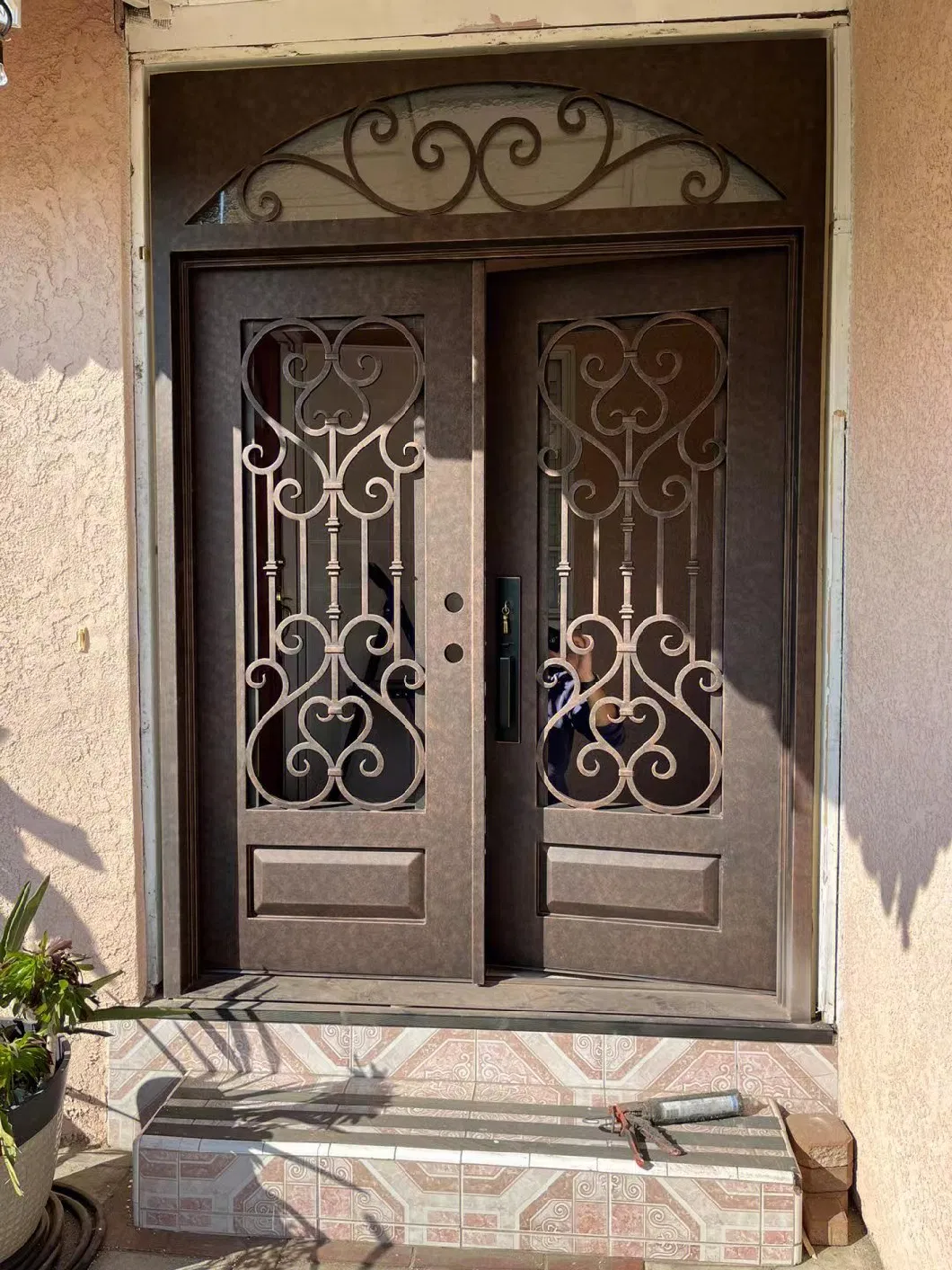 Single Iron Front Door with Side Lights on Both Sides
