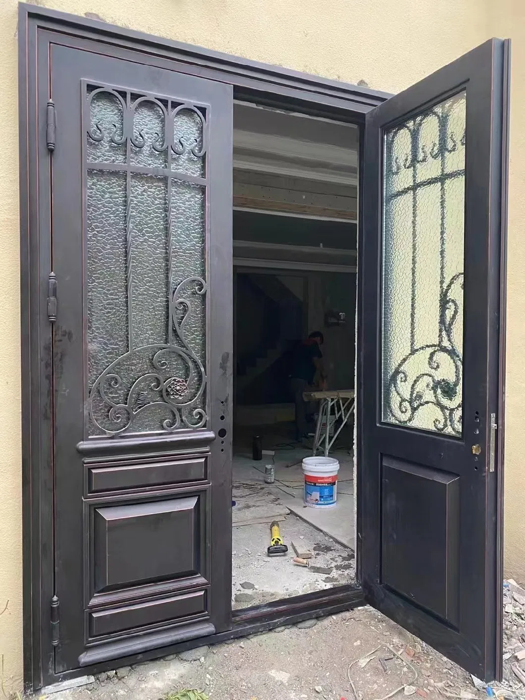 Single Iron Front Door with Side Lights on Both Sides