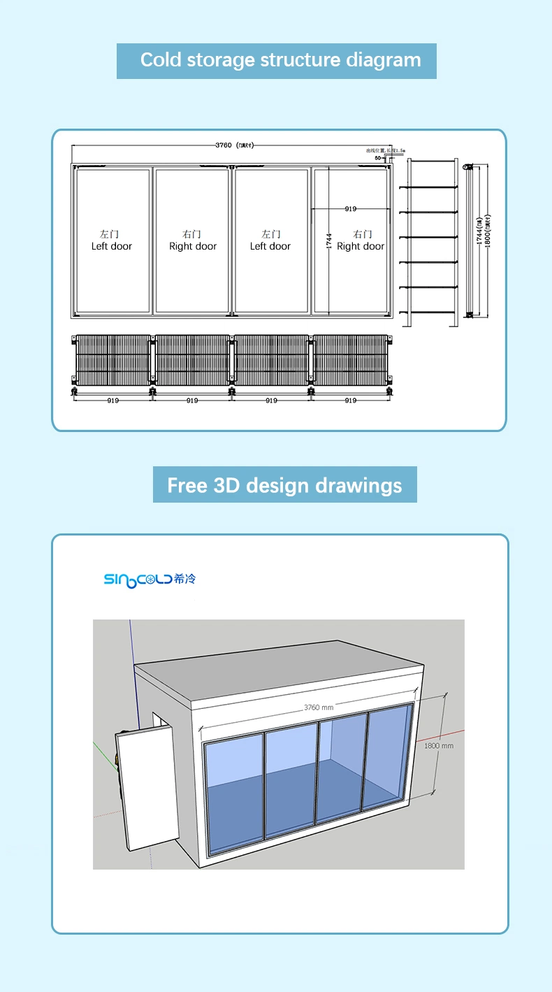 PU Sandwich Panel Glass Door Walk in Cooler Freezer Cold Storage Room Display Cold Room for Supermarket