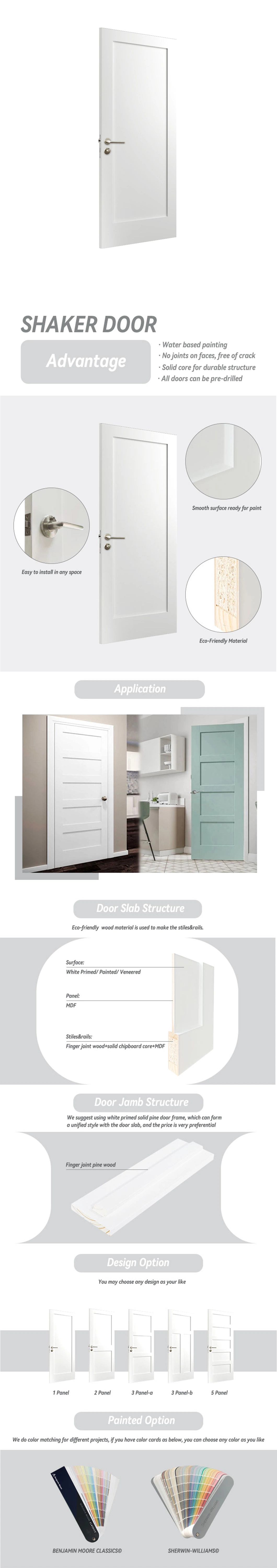 Prehung Solid Wood Interior White Painted Porte 3 Panel Shaker Door