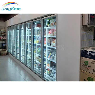 La puerta de cristal Mostrar sala fría supermercado Sala de almacenamiento en frío a pie en el refrigerador congelador