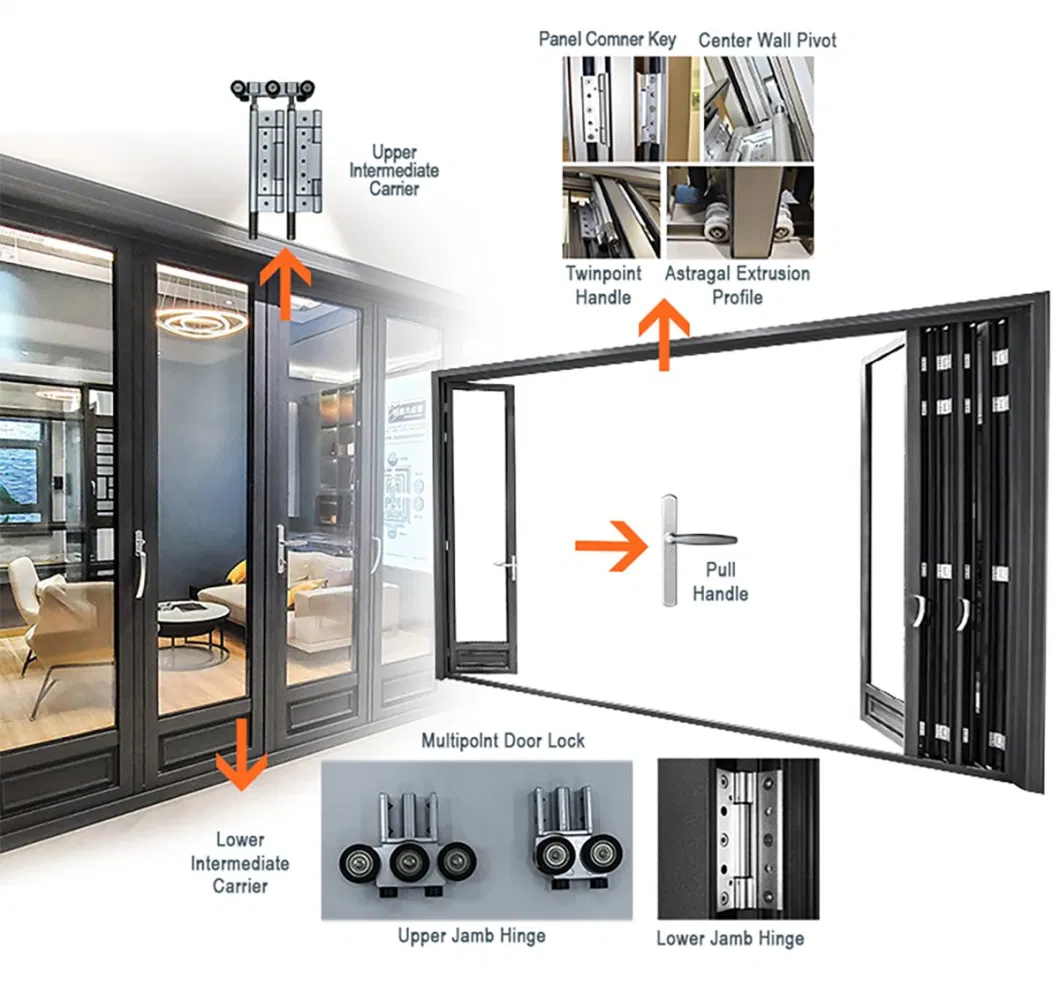 Top Quality Hurricane Proof Aluminum Exterior Door Balcony Patio Aluminum Frame Bifold Folding Glass Door