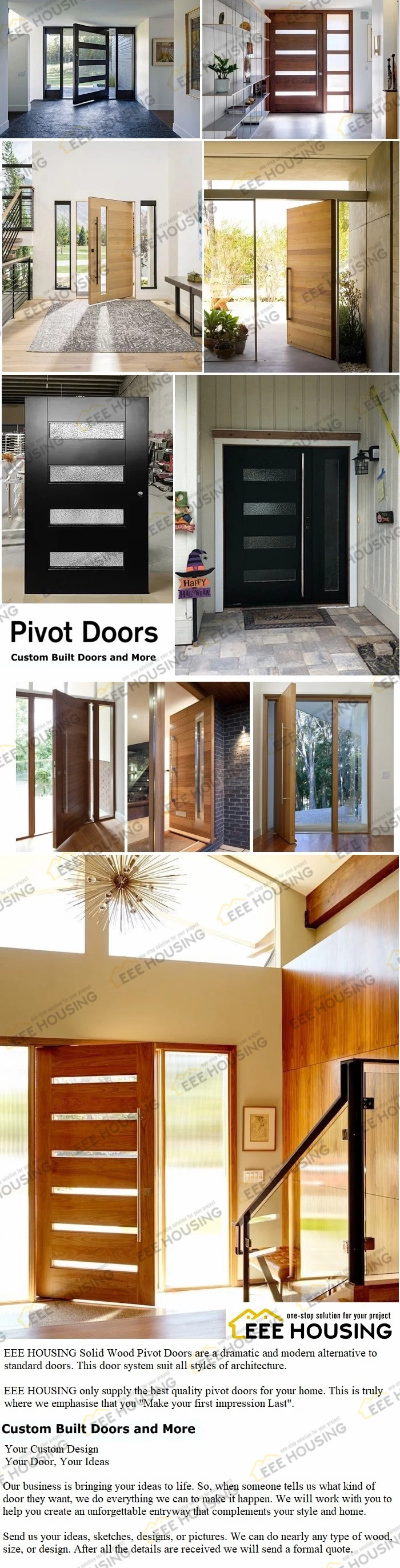 China Factory Direct Supply Exterior Pivot Door with Wood, Glass &amp; Metal Front Entry Door Design