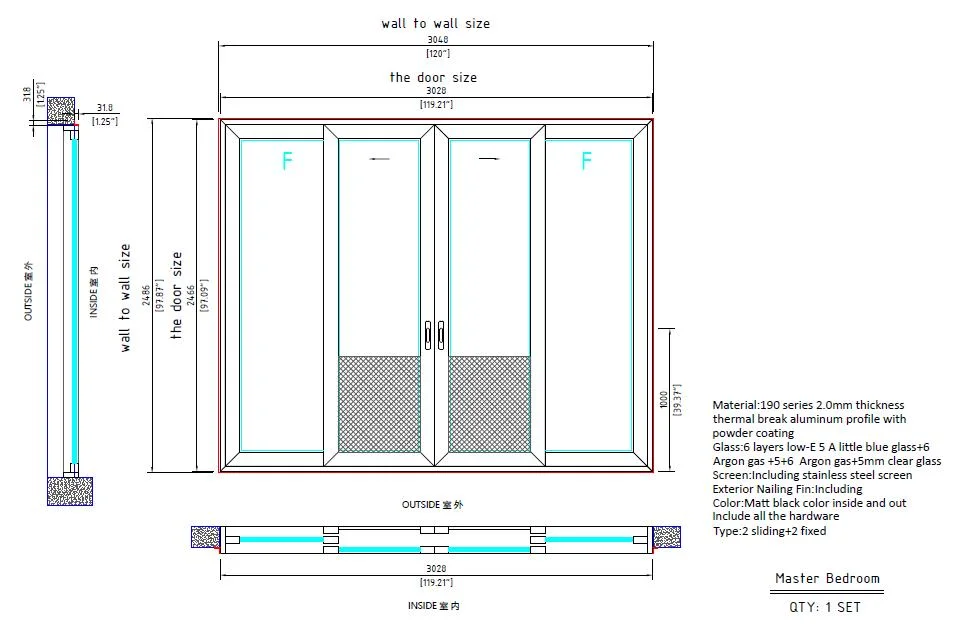 Custom Design Patio Aluminum Frame Outdoor Terrace Frameless Glass Sliding Door