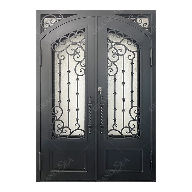 American Antique Big Entry Hotel Classic Wrought Double Iron Door with Glass Panel