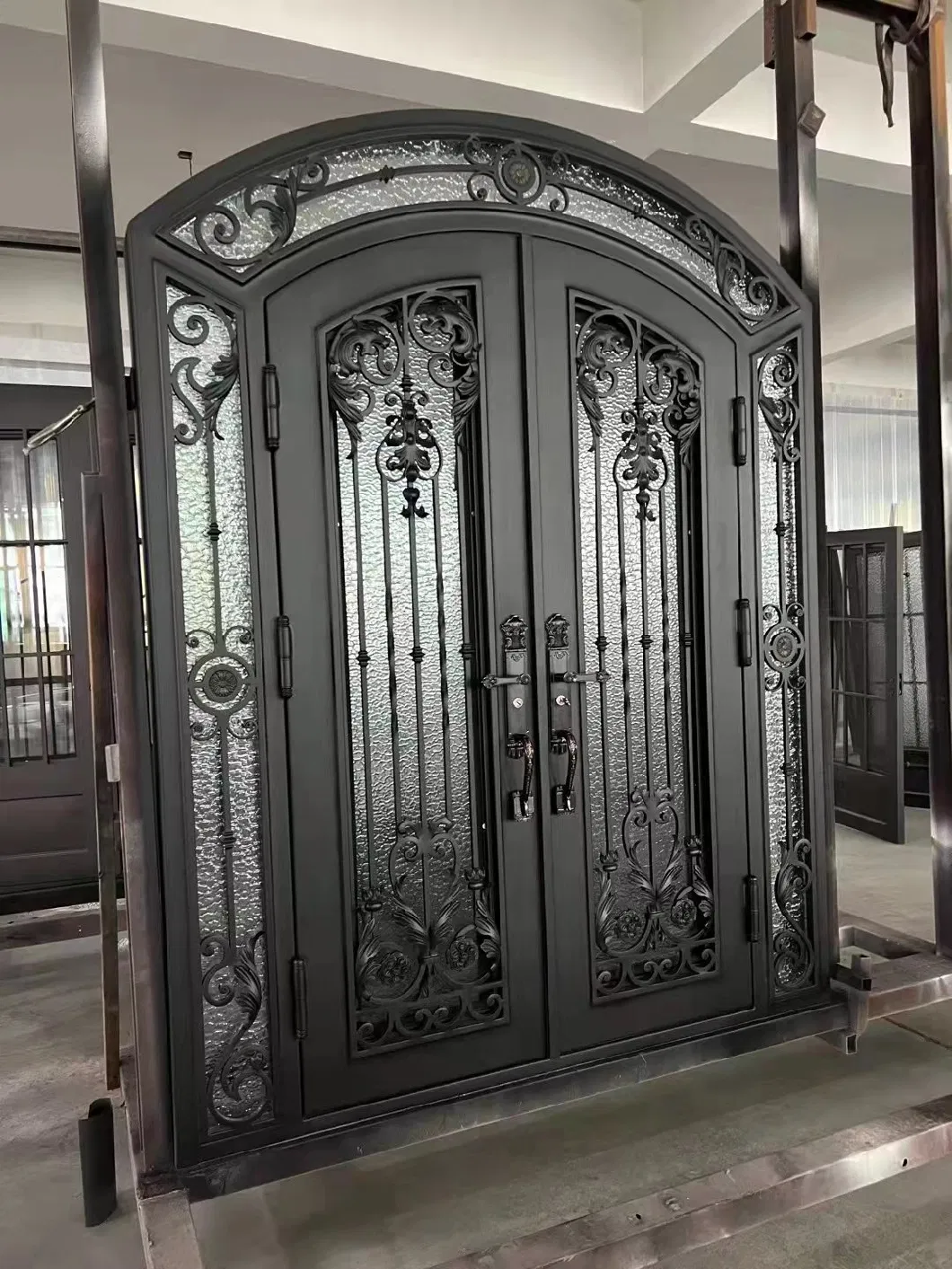 Hand Made Residential House Interior Partition Arched Steel Door Wrought Iron Frosted Double French Glass Iron Door Entry