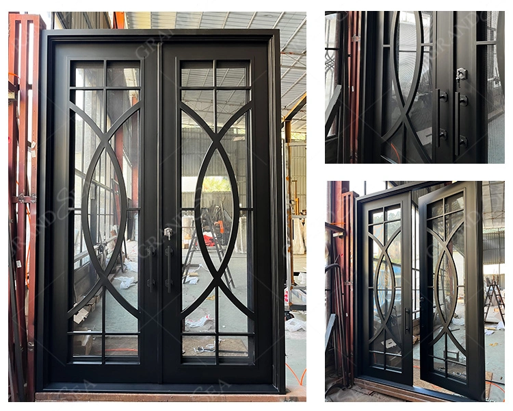 American Antique Big Entry Hotel Classic Wrought Double Iron Door with Glass Panel