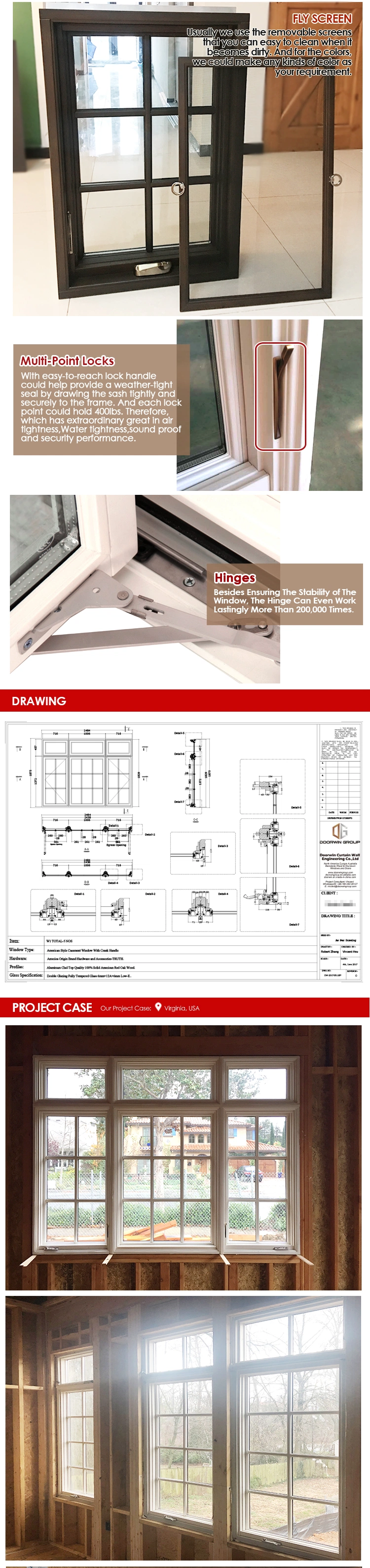 ISO9001 Certified Aluminum Clad Wood Windows with Grill for Sale in-Swing Windows Dual Action Double Casement Window