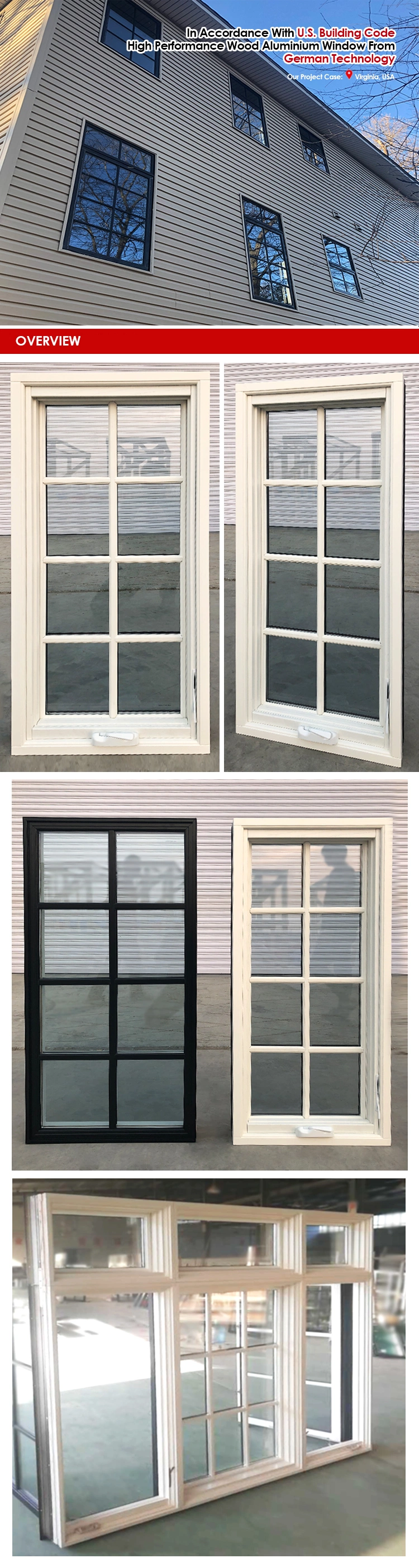 ISO9001 Certified Aluminum Clad Wood Windows with Grill for Sale in-Swing Windows Dual Action Double Casement Window