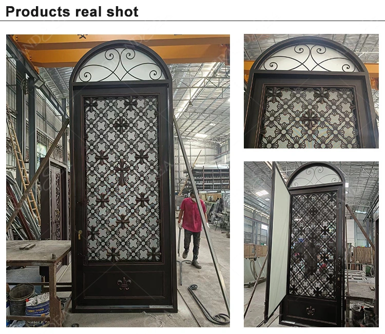 American Antique Big Entry Hotel Classic Wrought Double Iron Door with Glass Panel