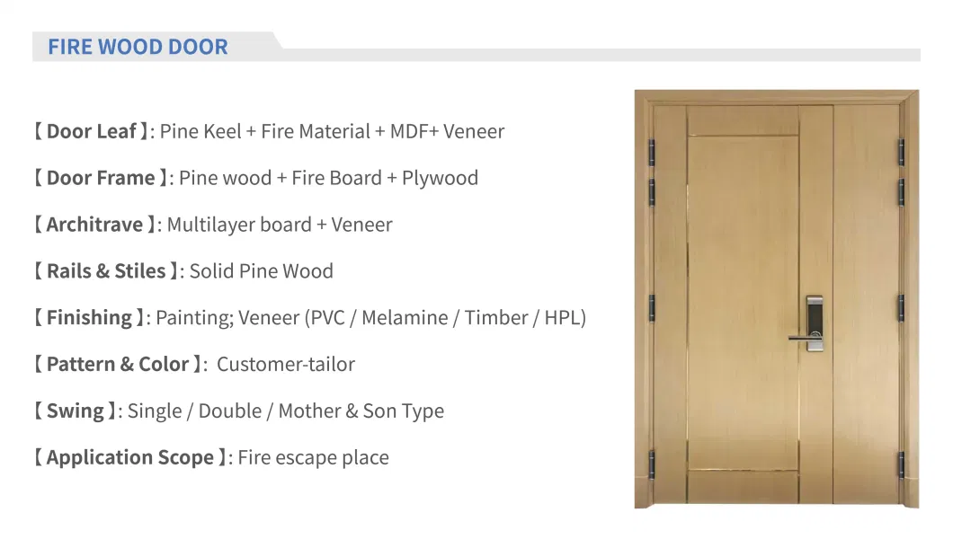 China Manufacturer Security Fire Wood Fireproof Fire Resistant Fire Rated Exterior Interior Anti-Fire Single Double Steel Wooden Door