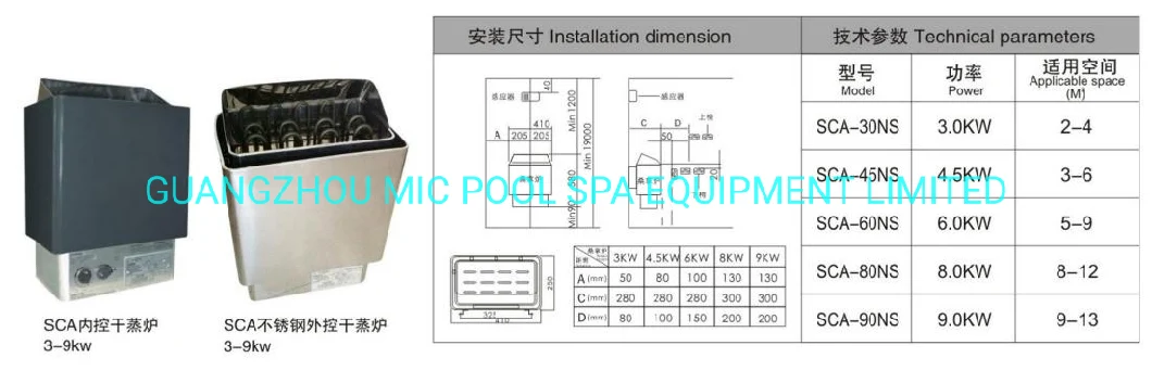 Traditional Wooden Dry Steam Sauna Room with Fiber Glass Door