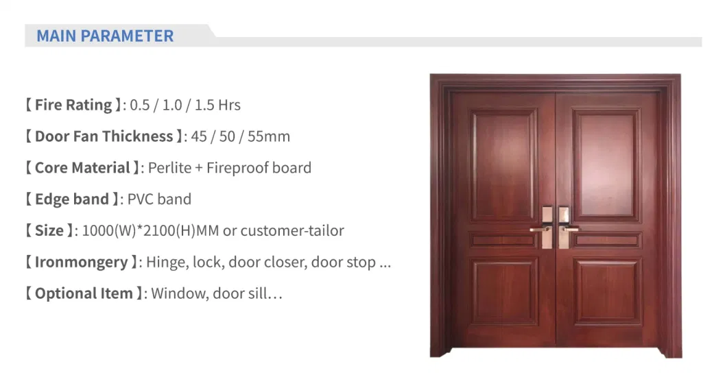 Chinese Factory Fire Resistant Fire Rated Exterior Interior PVC Laminated Fireproof Emergency Exit Steel &amp; Wooden Security Safety Entrance Door