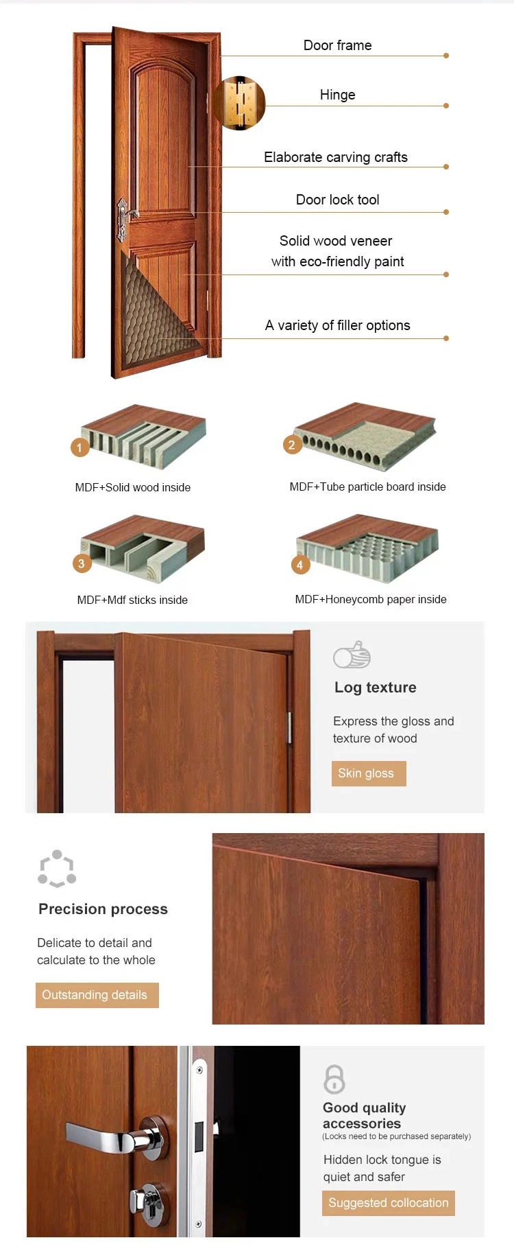 Wholesale Teak Wood Door Frame Interior Glass Door for Bedroom