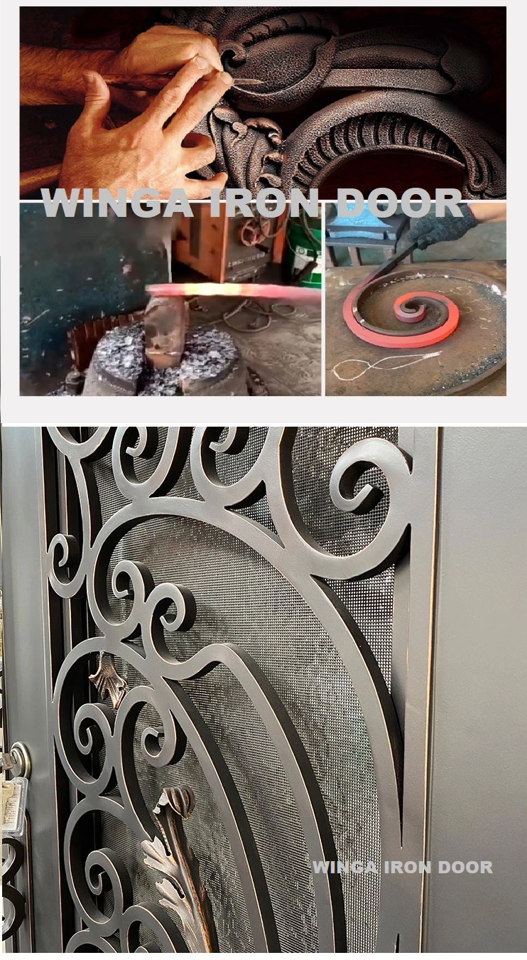 Black French Style Home Decoration at Courtyard Front Entry House Handmade Art Iron Metal Rust Proof Safety Exterior Anti Theft Glass Forged Steel Security Door