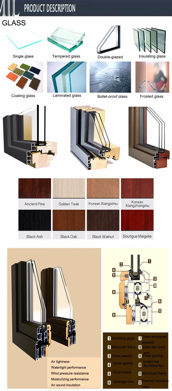 Aluminium Composite Wood Frame Tempered Glass Door with Grill Design