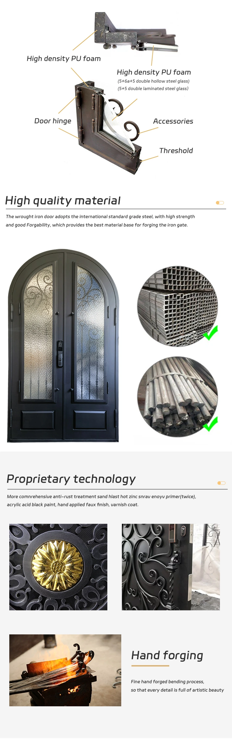 Custom Entry Wrought Iron Door Sliding Door Design Wrought Iron Single Exterior Doors with Decorative Hardware