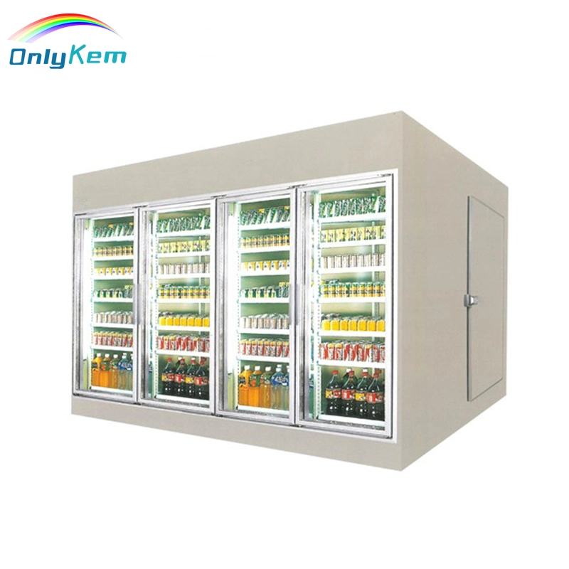 Supermarket Display Beverage Cooler Feed Glides Gravity Roller Shelf and Glass Door