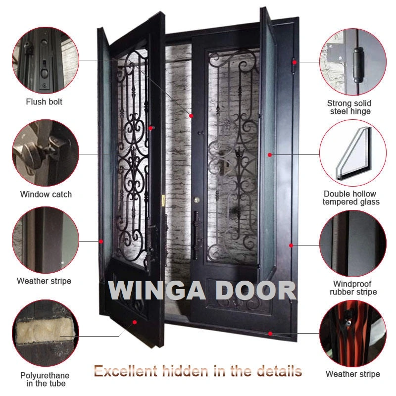 Popular America with Mosquito Net Open Glass Double Front Entry Security Wrought Iron Metal Steel Gate Door