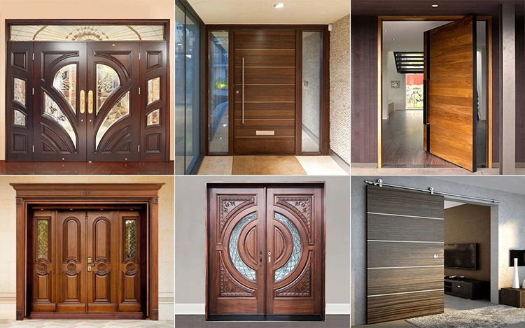 China Foshan Factory Exterior Luxury Hard Solid Wood Doors Teak Wooden Main Double Door Designs with Decorative Glass