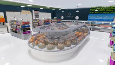 Design del negozio One Stop Supermarket. Design interno dei negozi al dettaglio.