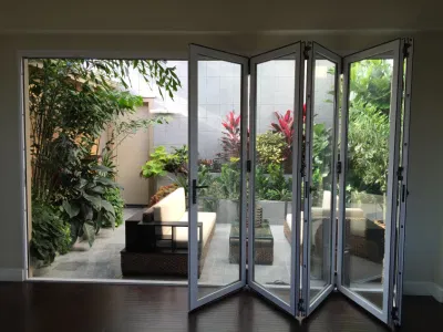  Porte a due pieghe in alluminio completamente smaltate esterne con angolo esterno|patio a due pieghe Porte|Porte a soffietto|Porte a ripiegamento in alluminio|Porte a ripiegamento in vetro