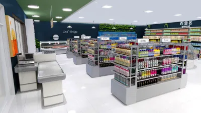 Design del negozio One Stop Supermarket. Design interno dei negozi al dettaglio.
