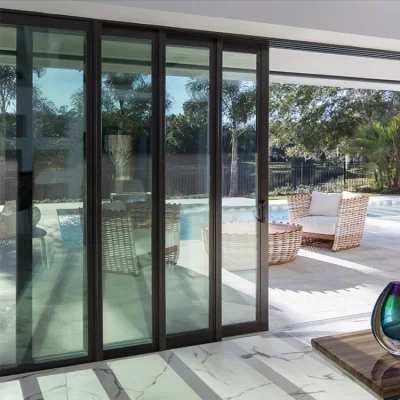 Isolamento acustico all&prime;ingrosso esterno alluminio nero francese vetro triplo vetro satinato Porte scorrevoli per la porta patio della Villa domestica