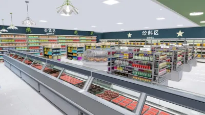 Design del negozio One Stop Supermarket. Design interno dei negozi al dettaglio.
