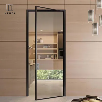 2022 ingresso esterno dal design moderno, piano in acciaio per molle in legno massiccio Sportello girevole in metallo con ingresso mobile in vetro principale in alluminio