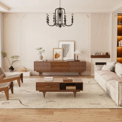 MODERNO supporto TV DI METÀ secolo con centro di intrattenimento artistico in rattan con doppia porta armadio, gambe in metallo tall-cast