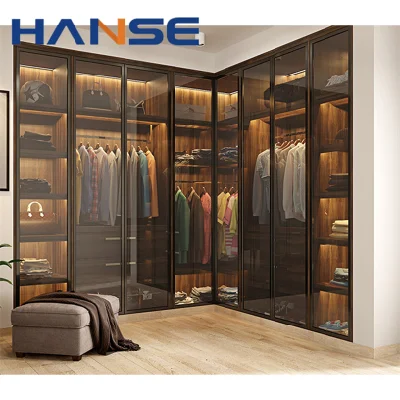 Armadi personalizzati in melammina di legno di alta qualità telaio in alluminio porta in vetro Cabina armadio