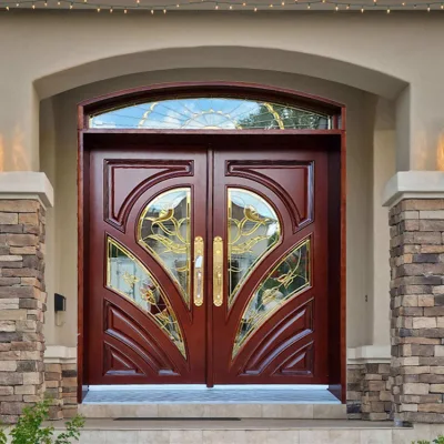  China Foshan Factory Exterior Luxury Hard Solid Wood Doors Teak Design principale in legno con porta doppia e vetro decorativo