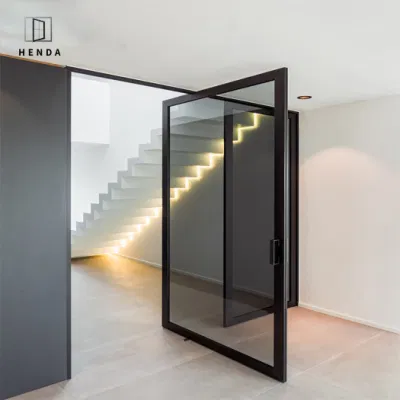 2022 ingresso esterno dal design moderno, piano in acciaio per molle in legno massiccio Sportello girevole in metallo con ingresso mobile in vetro principale in alluminio