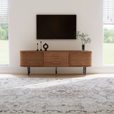  MODERNO piedistallo TV DI METÀ secolo con console multimediale in legno minimalista con Sportello otturatore a rullo