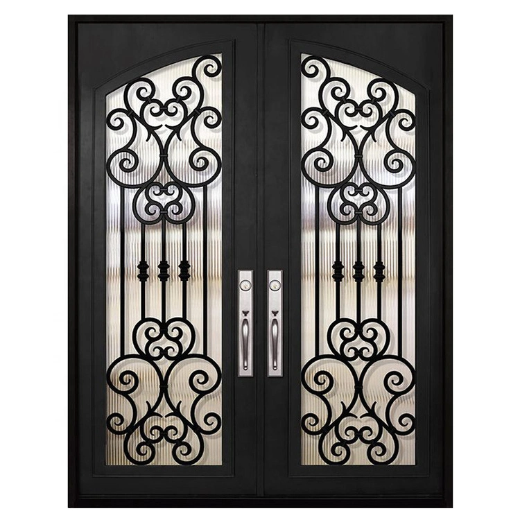 House External Rustic Metallic Entry Door Cheap Waterproof Double Wrought Iron and Steel Front Doors Design