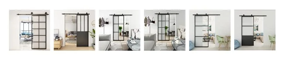 Paneled Frosted Glass Carbon Steel Frame Sliding Pocket Barn Door