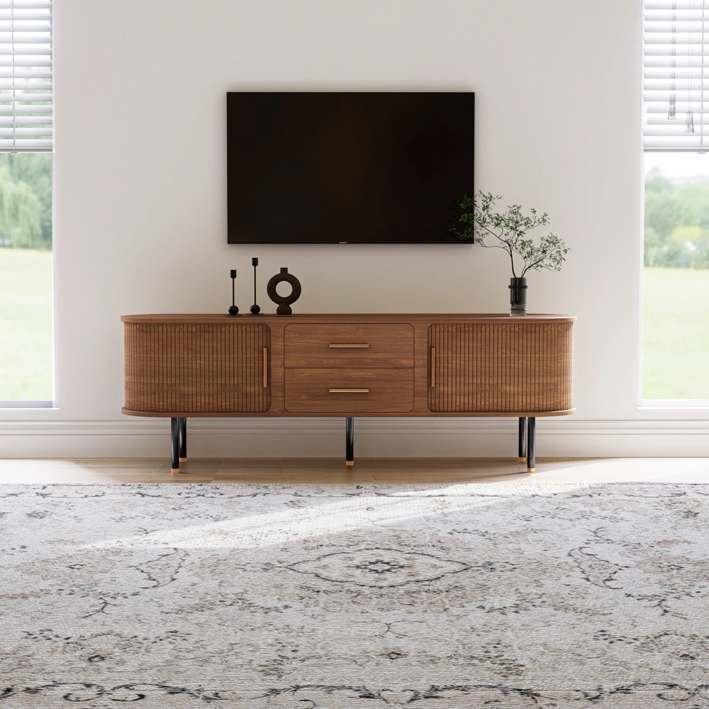 MID-Century Modern TV Stand with Minimalist Wood Media Console with Roller Shutter Door