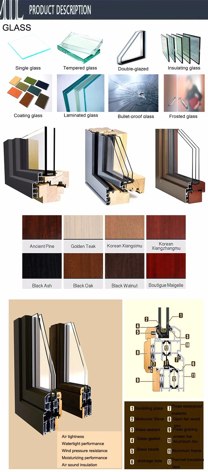 Modern Wood Glass Design Front Aluminium Sliding Doors